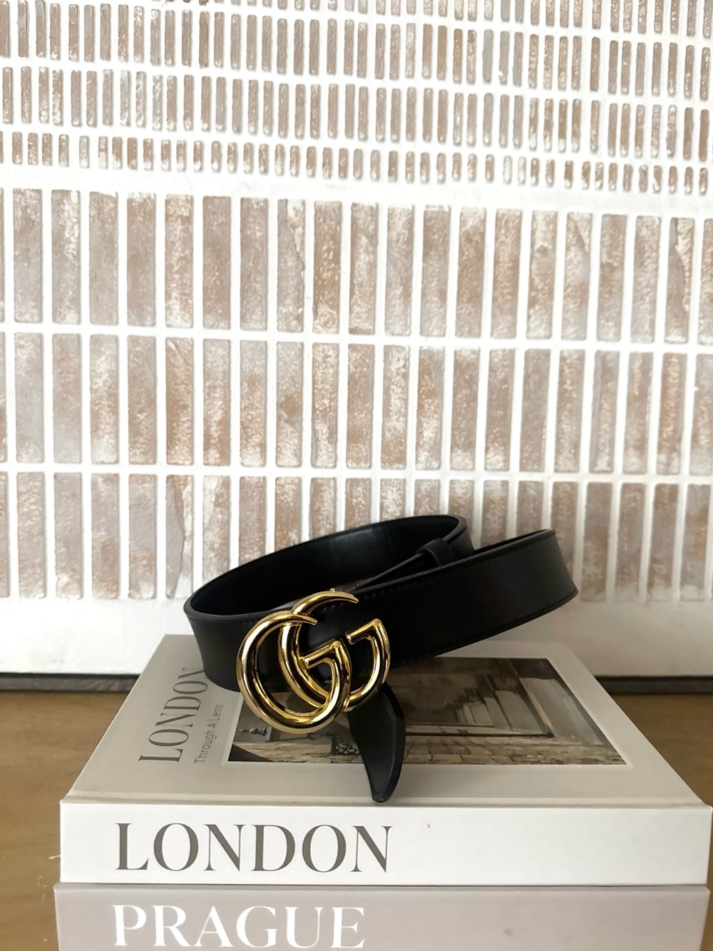 Black Leather Women’s Belt with Gold Double G Logo Buckle